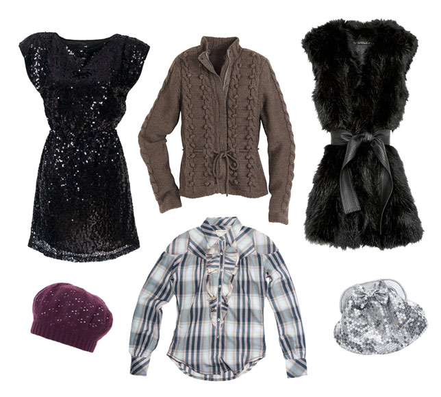 Sukienka, kamizelka, portfelik - H&M; sweter - Orsay; koszula - Wrangler; beret - s.Oliver